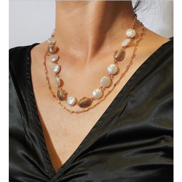Gylden halskæde med syntetiske perler og muslingeskaller - miljø Gold one size