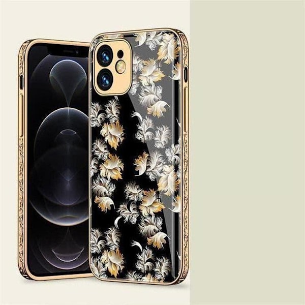 iPhone 12 Pro Max luksus glas case mønster guld barok fjer blomst Black one size