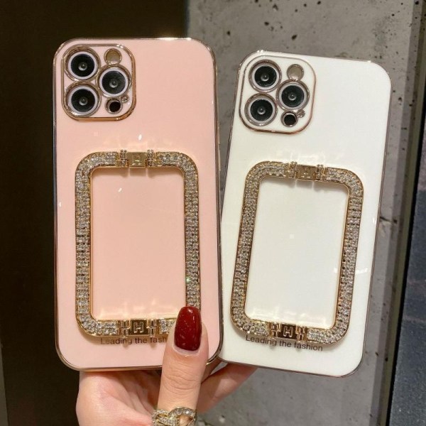 iPhone 13 Pro cover håndtag med strass diamanter står sort hvid Pink one size