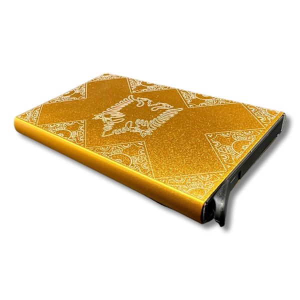 Shenja e flamurit albanian eagle kortholder pop-up funktion anti-skimming Gold