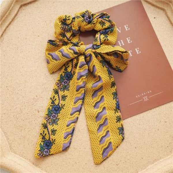 Klassisk Scrunchie rosett vintage tryck blommor band färger Yellow Yellow and purple