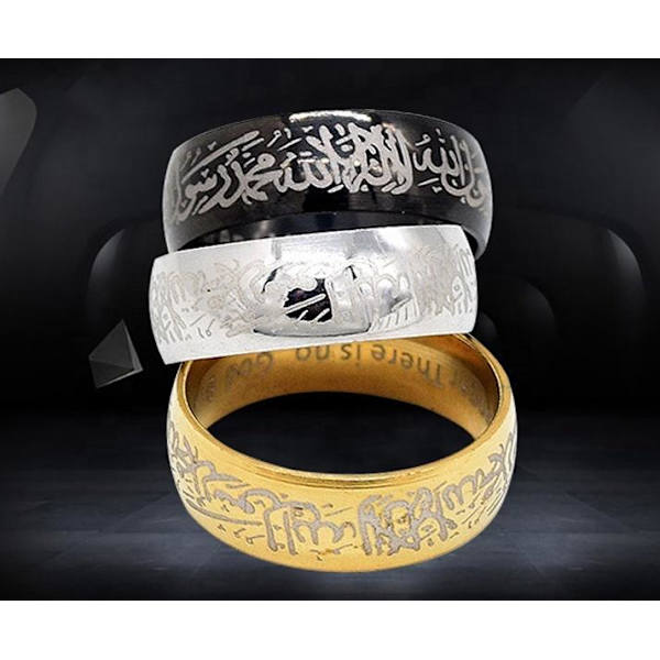 Islamisk ring i stål med kalima muslim svart, silver, guld, blå Gold one size