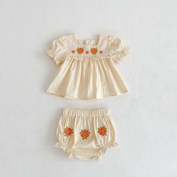 Broderat set m spets klänning + shorts för barn 0-12 månader White 0-6 months