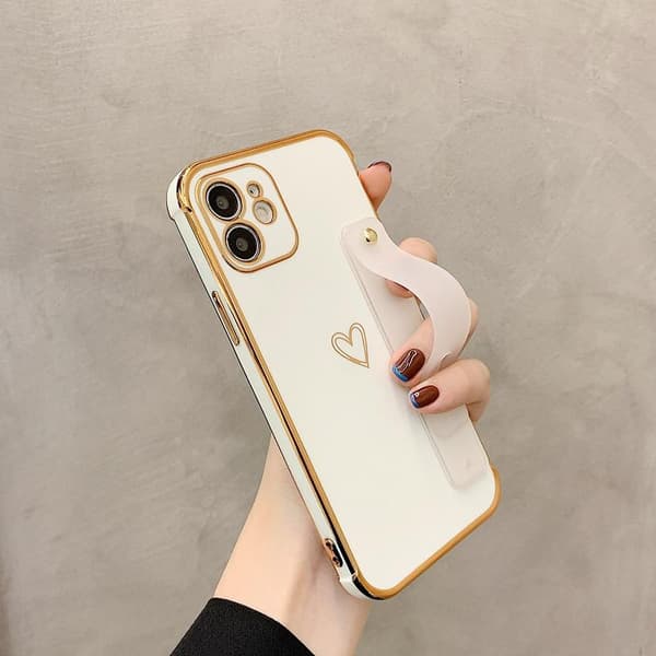 iPhone 13 Pro Max etui med hjerte og ankelrem gulddetaljer White one size