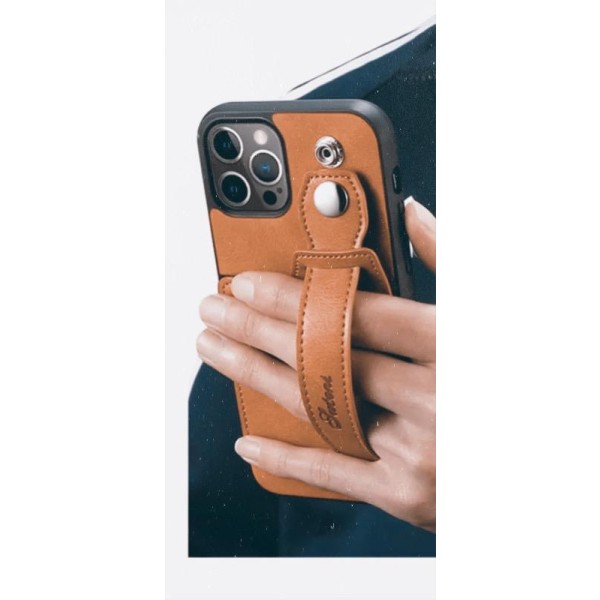 Läder plånboksskal ‘iPhone 14 Pro Max‘ med rem för bra grepp Brun