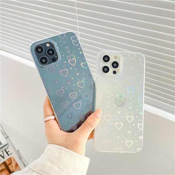 Holographic case for iPhone 13 Pro Max in 3D hearts in white or blue White one size