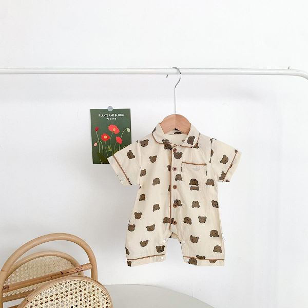 Sød shorts jakkesæt/pyjamas i tyndt materiale med bamser eller prikker Beige 7-12 Teddybear