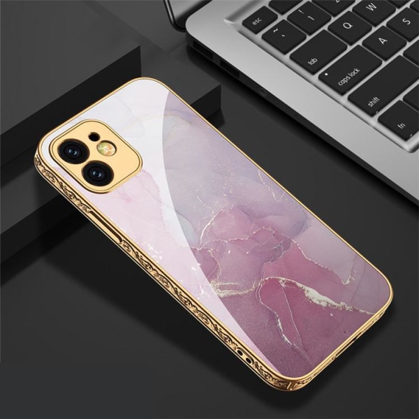 iPhone 12 Pro lyxigt glas-skal guld barock rosa marmormönster Rosa one size