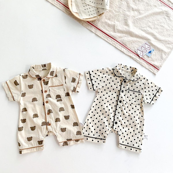 Sød shorts jakkesæt/pyjamas i tyndt materiale med bamser eller prikker Beige 7-12 Teddybear
