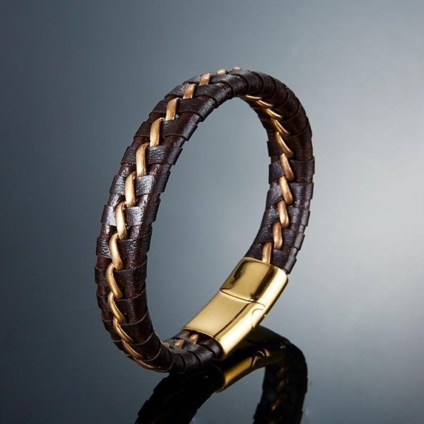 Handgjort flätat läderarmband för män med rostfritt stål magnetl Guld one size