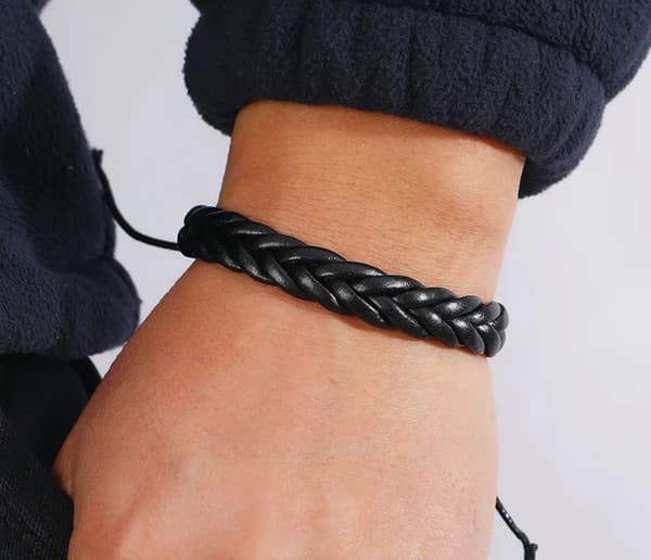 Ægte læder justerbart sort armbånd til mænd - flettet Black one size