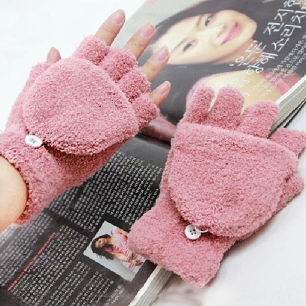 Unike tommel- og firkantede hansker i mykt materiale fleece 2 i 1 Pink one size