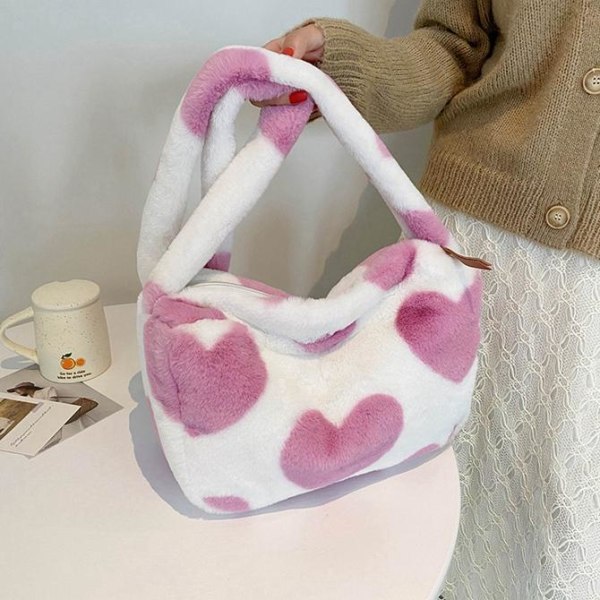 Fluffig väska med axelrem fuskpäls hjärtan rymlig med dragkedja Pink Pink