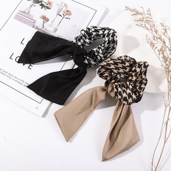 Trendy Scrunchie sløjfe ternet stof elastiske toffs brun sort Brown Brown and black