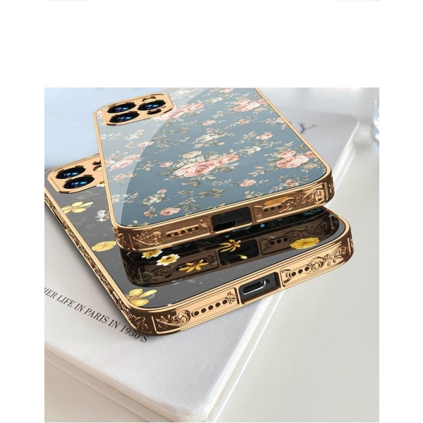 iPhone 12 luksus glas case mønster guld barok fjer blomst White one size