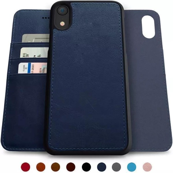 Lommebokveske 'iPhone 14 Pro' i skinn med sterk magnet avtakbar Blue