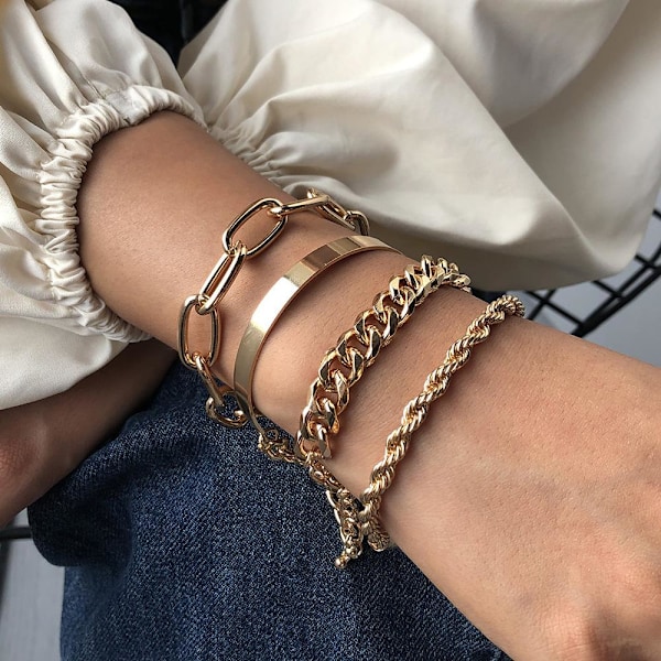 Armbånd i sæt med 4 gyldne boheme smykker hip hop kæder Gold one size