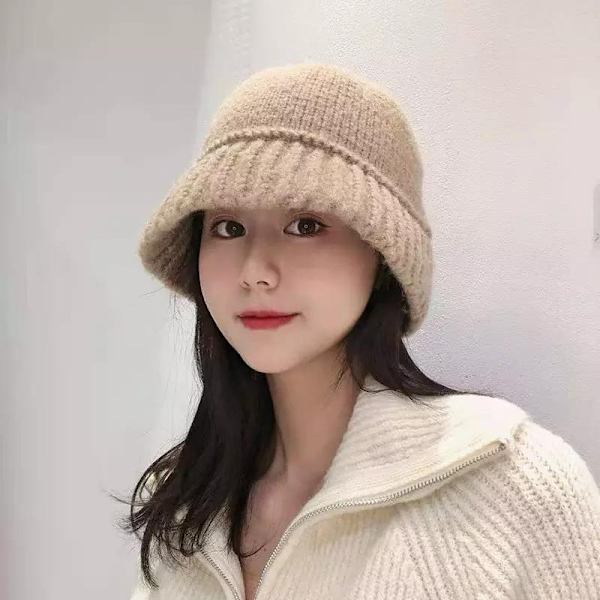 Varm fiskehatt ull plysch stickad mössa hatt linjer Beige one size