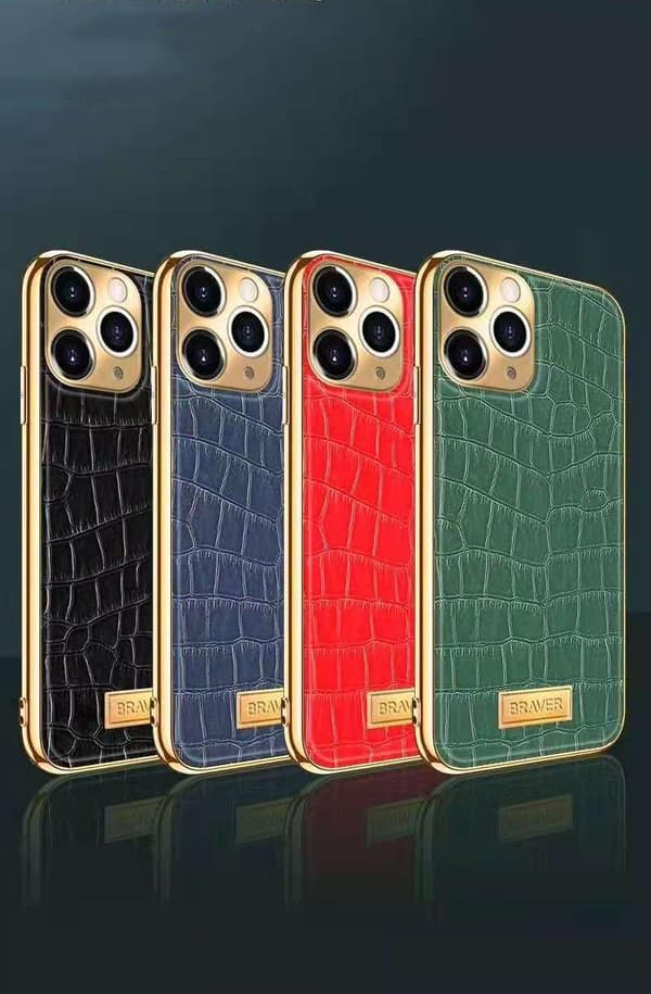 iPhone 12 Pro Case genuine leather crocodile pattern gold plated high luxury Green one size
