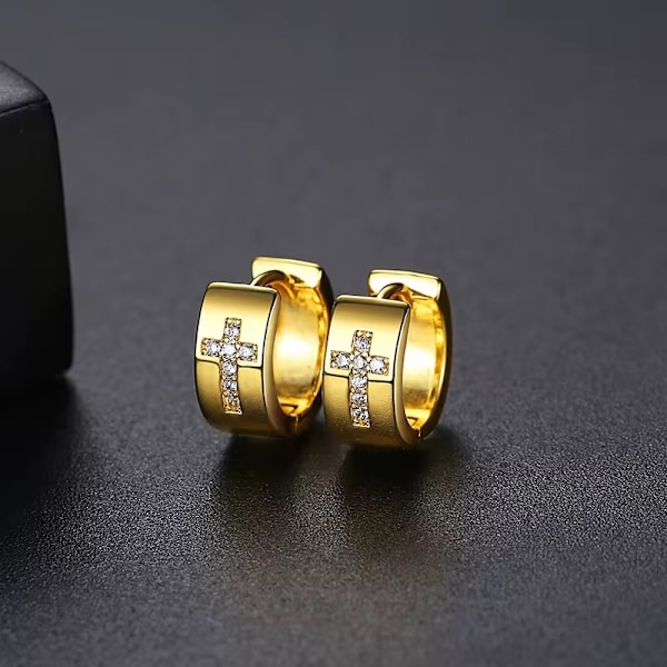 Forgyldte øreringe små ringe med kristne kors rhinsten Gold one size
