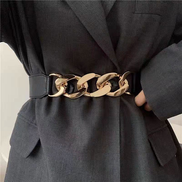 Joustava musta vyö vyötärölle ketjulla kultaa tai hopeaa Gold one size