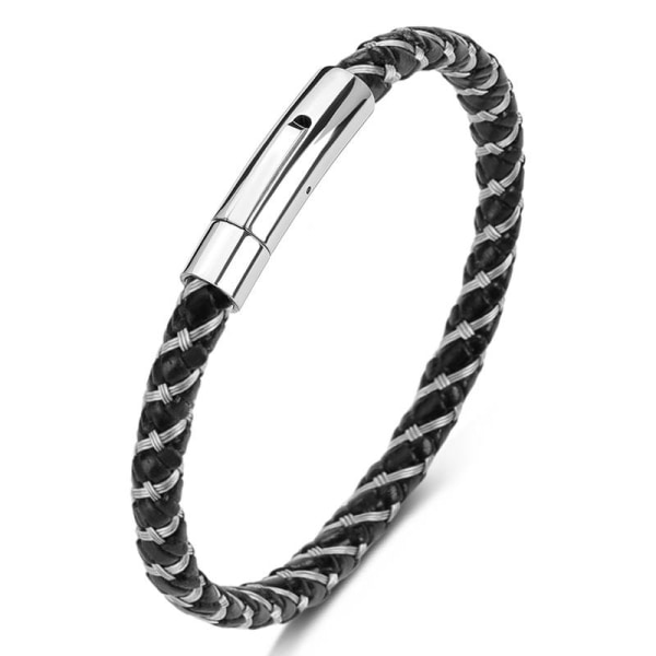 Sort rustfrit stål armbånd med flettet læder og magnet Silver one size