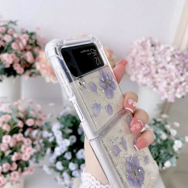 Samsung Galaxy Z FLIP 3 - läpinäkyvä kuori, jossa kuivattuja kukkia ja glitteriä Pink one size