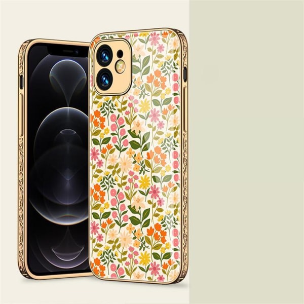 iPhone 12 lyxigt glas-skal mönster guld barock fjäder blomma White one size