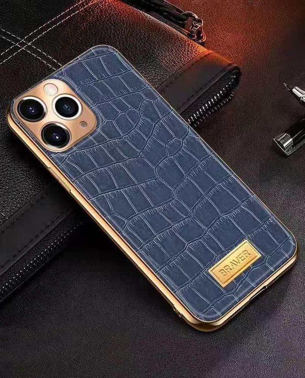 iPhone 12 Pro Case genuine leather crocodile pattern gold plated high luxury Green one size