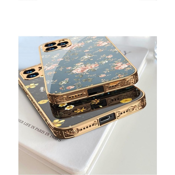 iPhone 12 Pro luksus glas case mønster guld barok fjer blomst Blue one size