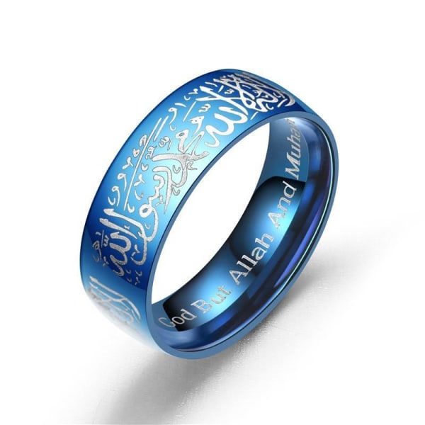 Islamisk ring i stål med kalima muslim svart, silver, guld, blå Blue one size