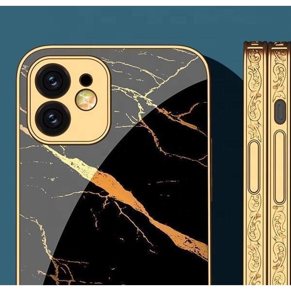 iPhone 13 luksus glas etui guld marmor mønster sort hvid Gold one size