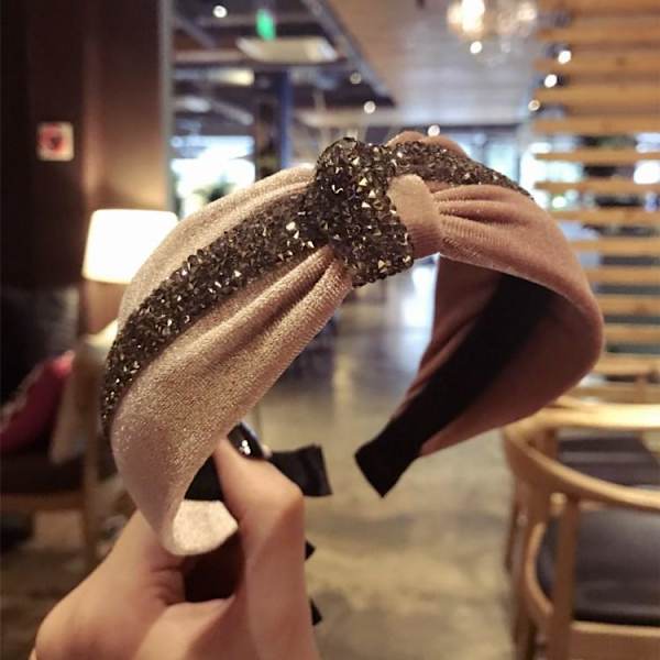 Håndlavet luksuriøst diadem i fløjl med bred krystalbåndsknude Pink one size