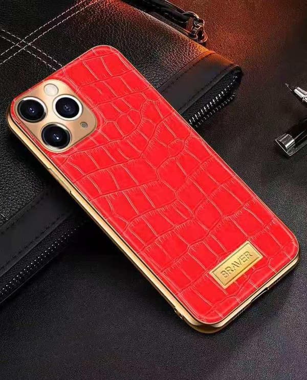 iPhone 12 Case genuine leather crocodile pattern gold plated high luxury Green one size