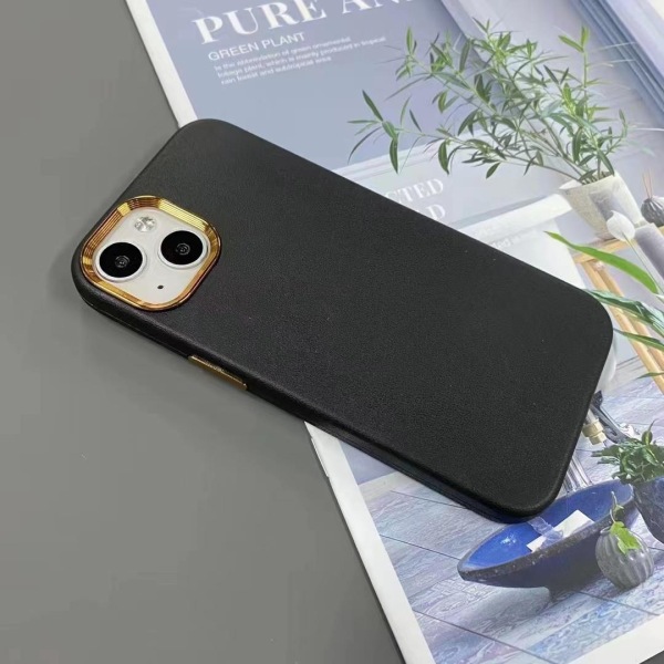 iPhone 13 klassisk etui i vegansk læder guldramme & guldknapper Black one size