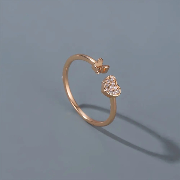 Forgyldt ring med hjerte og sommerfugl justerbar passer til alle Gold one size
