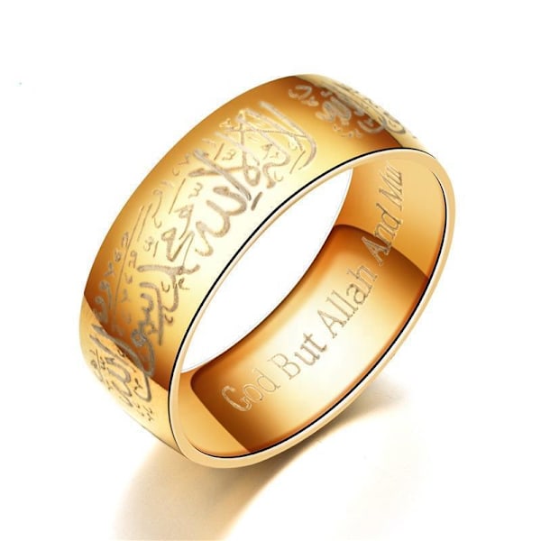 Islamisk ring i stål med kalima muslim sort, sølv, guld, blå Gold one size