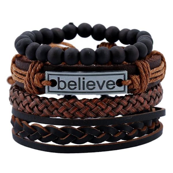 Sæt med læderarmbånd 4 stk med teksten '' Believe '' perler Brown one size