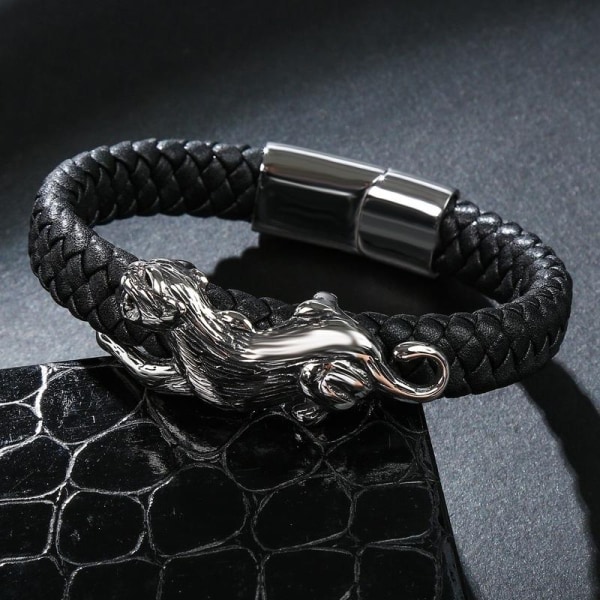 Handgjort flätat armband äkta läder med leopard puma BLÅ Blå one size