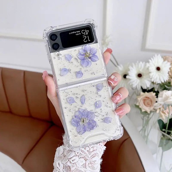 Samsung Galaxy Z FLIP 3 - läpinäkyvä kuori, jossa kuivattuja kukkia ja glitteriä Pink one size