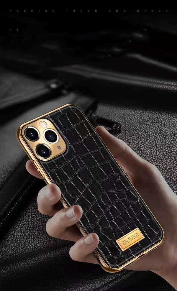 iPhone 12 Pro Case genuine leather crocodile pattern gold plated high luxury Green one size