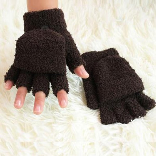 Unique tumb and square gloves in a soft material fleece 2 in 1 Brown one size