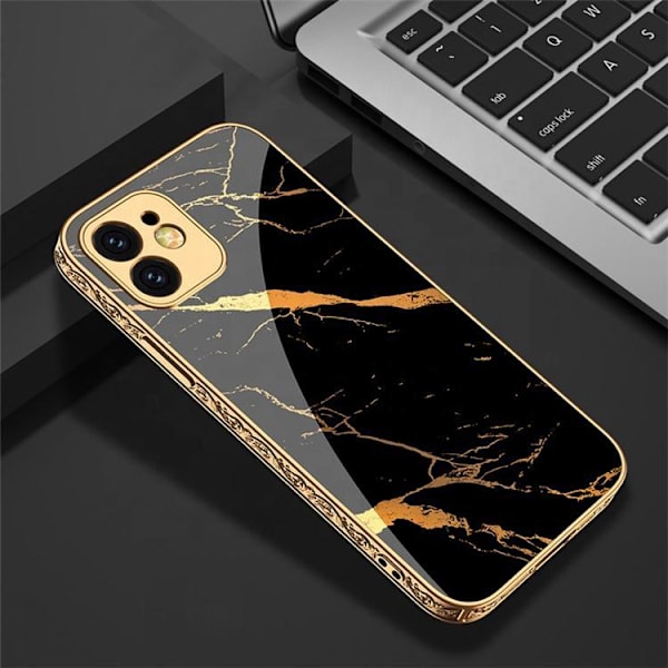 iPhone 12 Pro Max lyxigt glas-skal guld marmormönster svart vit Black one size