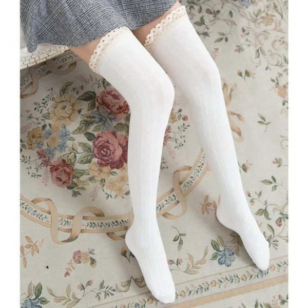 Strikkede sokker stay-ups elastik med blonder sort grå hvid White one size