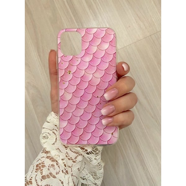 Mobilt skal til iPhone11 fiske mønster pink med guldflak Pink one size