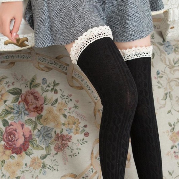 Strikkede sokker stay-ups strikk med blonder svart grå hvit Black one size