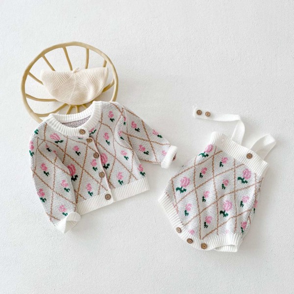 Matchende strik cardigan & shorts med rosa motiv retro klassisk stil White Cardigan 0-6 months