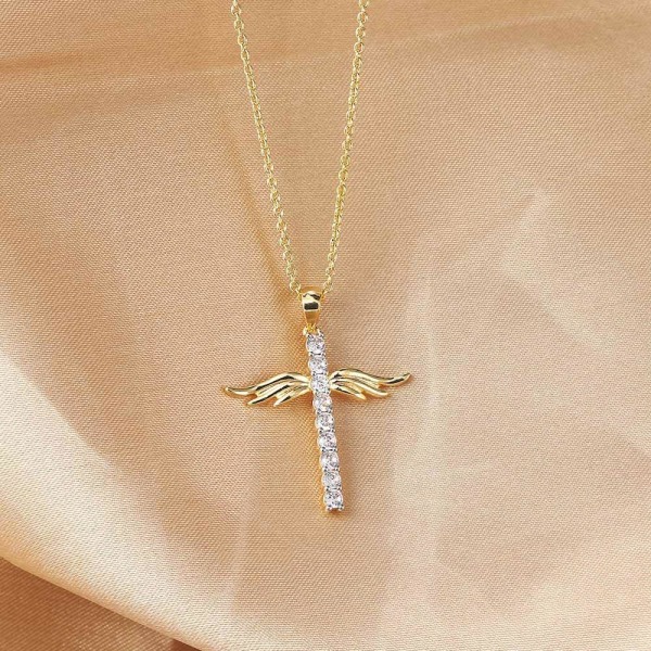 Cross with angel wings in gold with gold plating and zircon Gold one size