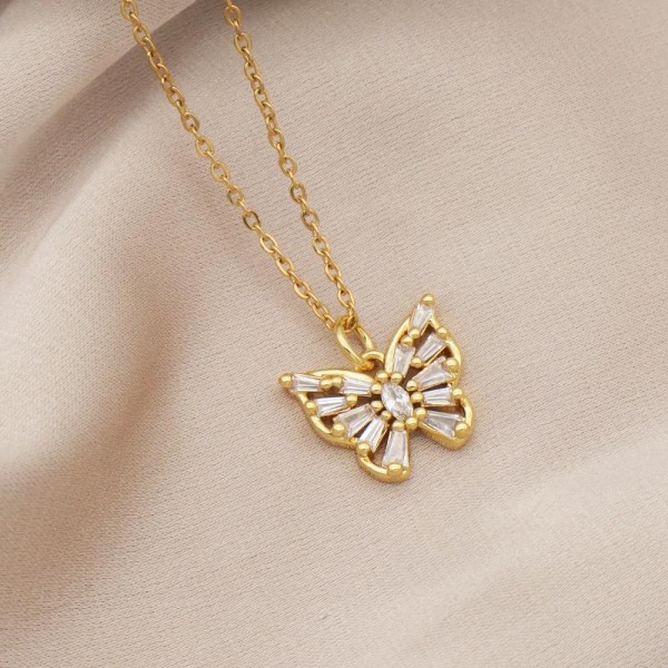 Halsband med vacker fjäril i guld och strass lång kedja Guld one size