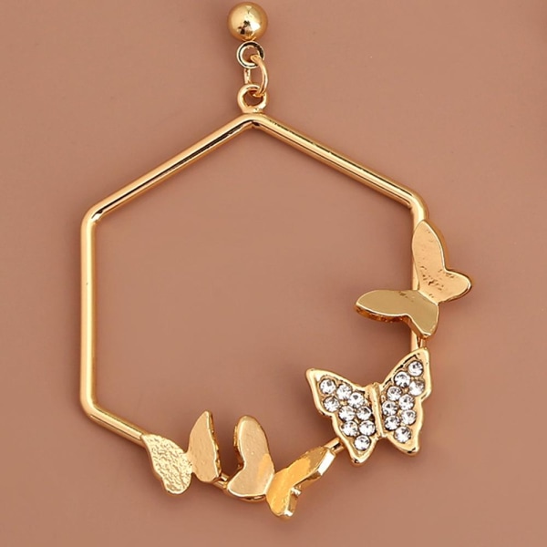 Geometriske øreringe i guld med sommerfugle og rhinestone sekska Gold one size